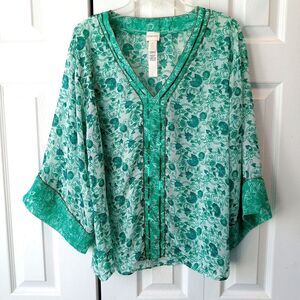 Chico's Size 2 Large Kimono Sleeved Popover Blouse Green w/ Sequins and Beads